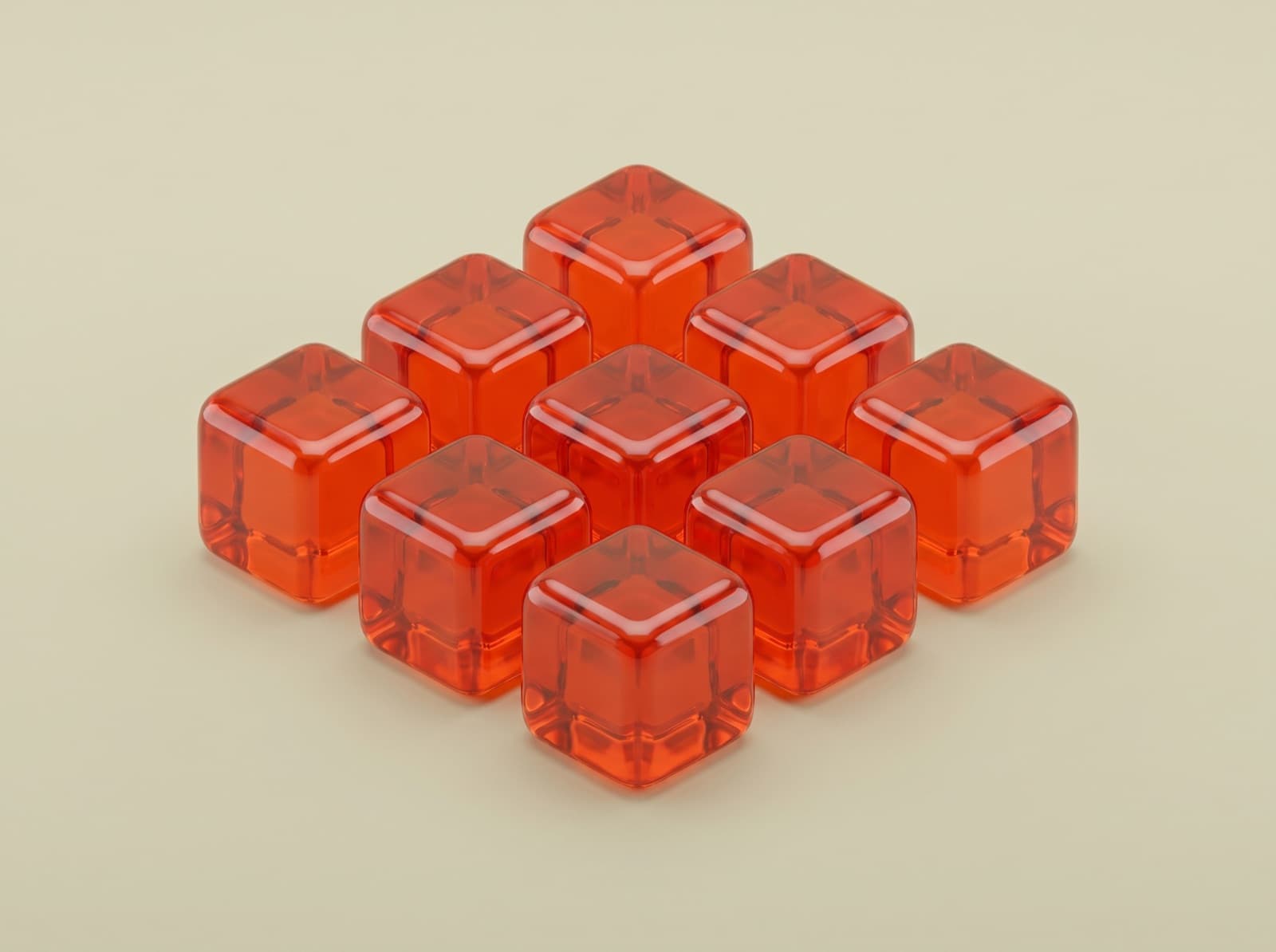 Nine rounded cubes in a neat grid, sculpted in glossy orange glass on an olive sand background