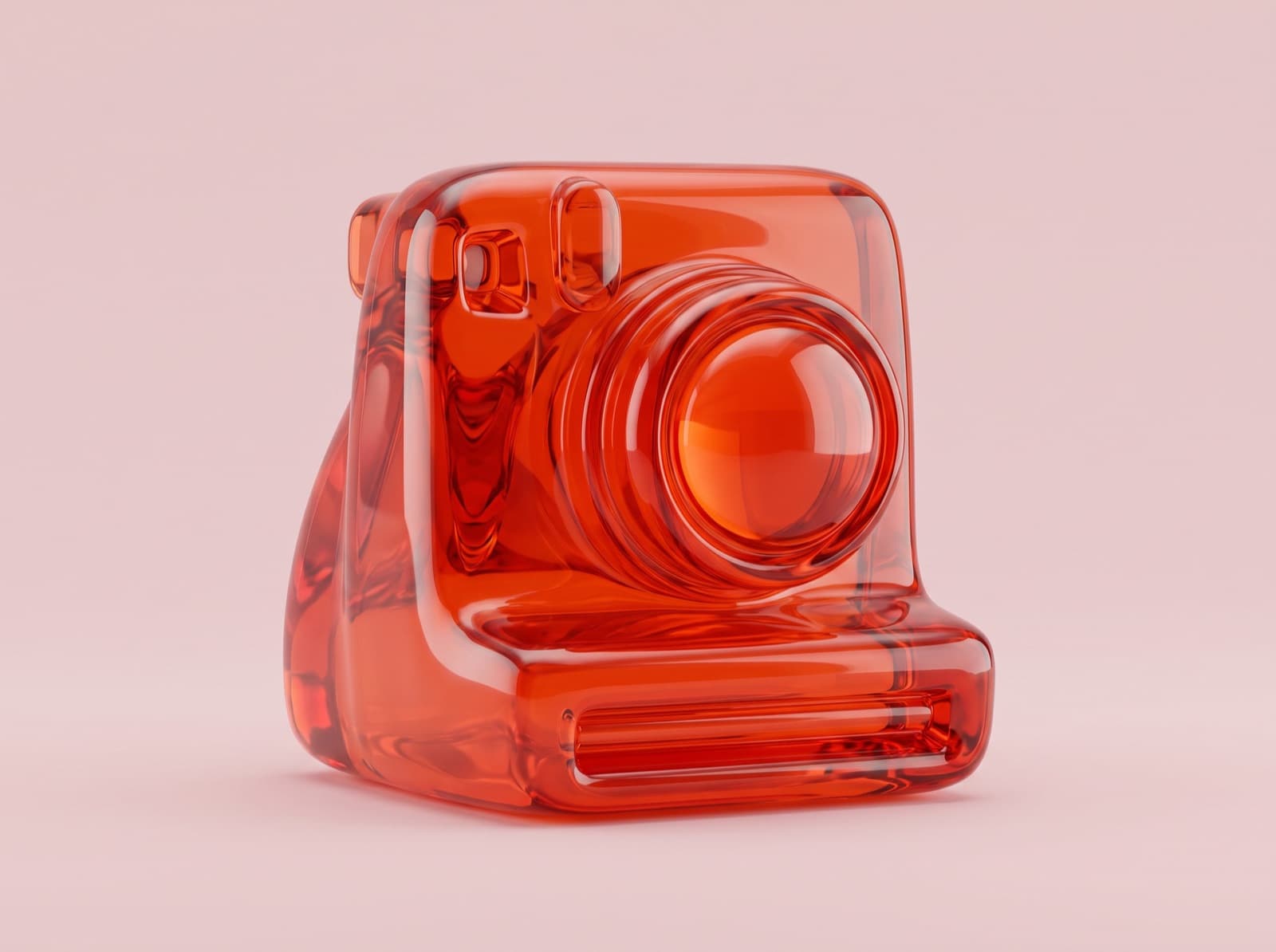A retro instant camera sculpted in glossy orange glass on a rosy pink background